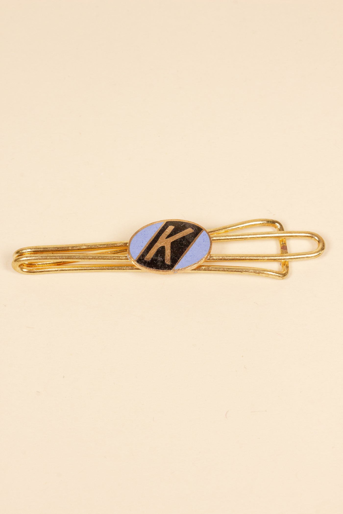 1930/1940s ENAMELED NEW OLD STOCK BRASS TIE CLIPS WITH INITIAL, LETTER "K"
