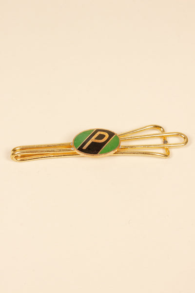 1930/1940s ENAMELED NEW OLD STOCK BRASS TIE CLIPS WITH INITIAL, LETTER "P"