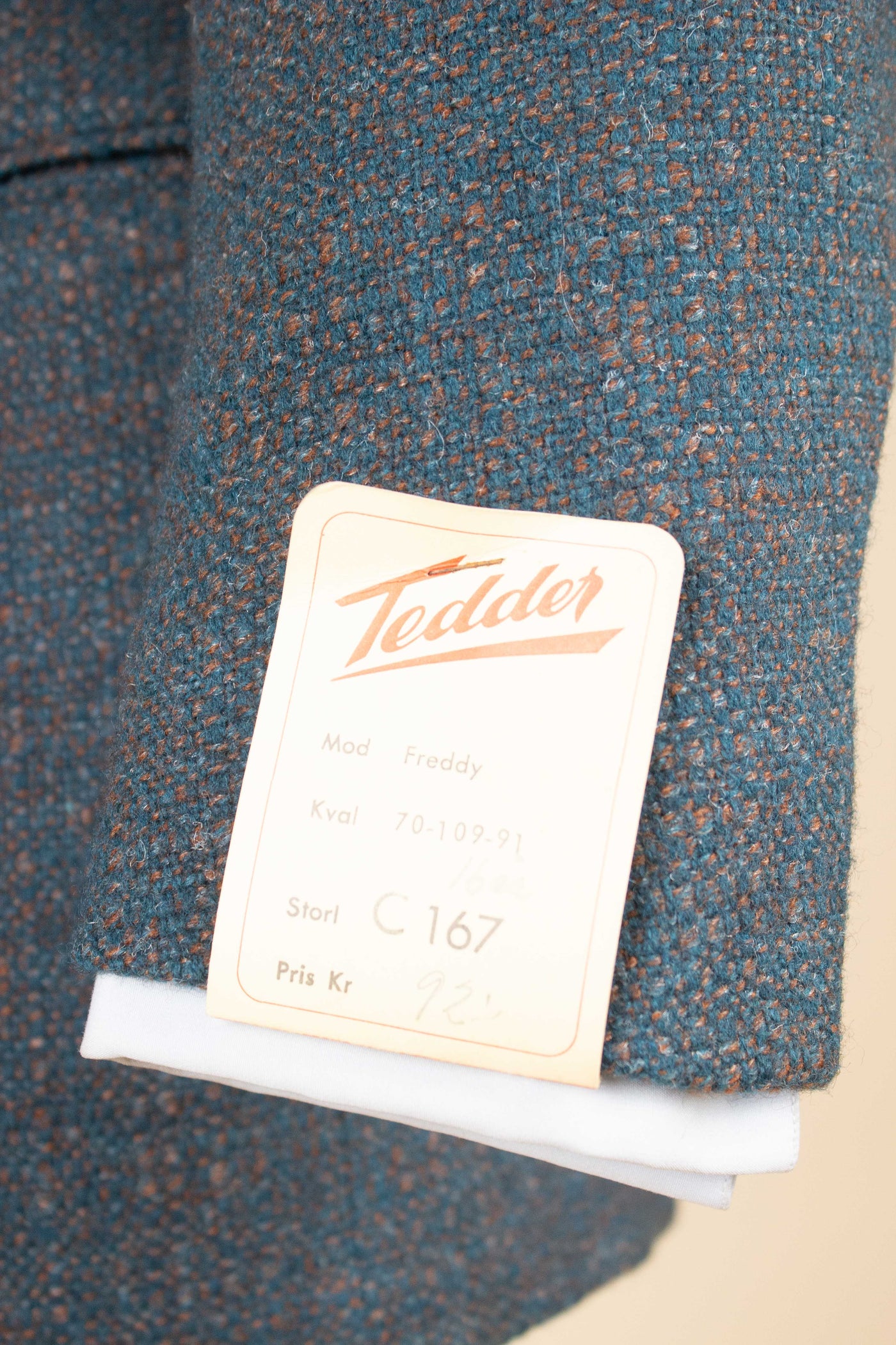 SWEDISH DEADSTOCK 1950S BLUE AND BROWN TWEED JACKET BY TEDDER. SIZE CA EU 44-46