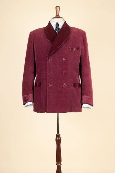 SWEDISH 1940S DARK RED CORDUROY AND SILK SHAWL COLLAR SMOKING JACKET. SIZE CA EU 50