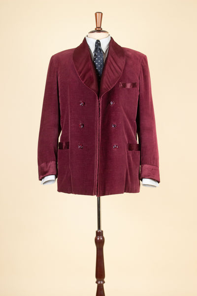 SWEDISH 1940S DARK RED CORDUROY AND SILK SHAWL COLLAR SMOKING JACKET. SIZE CA EU 50