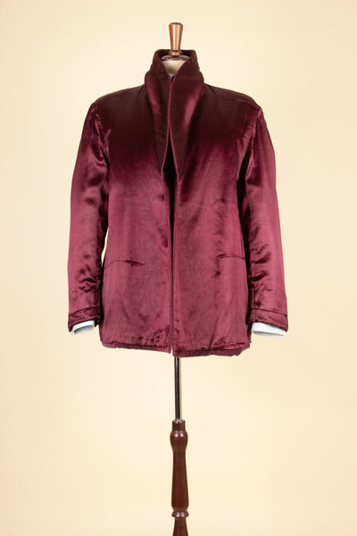 SWEDISH 1940S DARK RED CORDUROY AND SILK SHAWL COLLAR SMOKING JACKET. SIZE CA EU 50