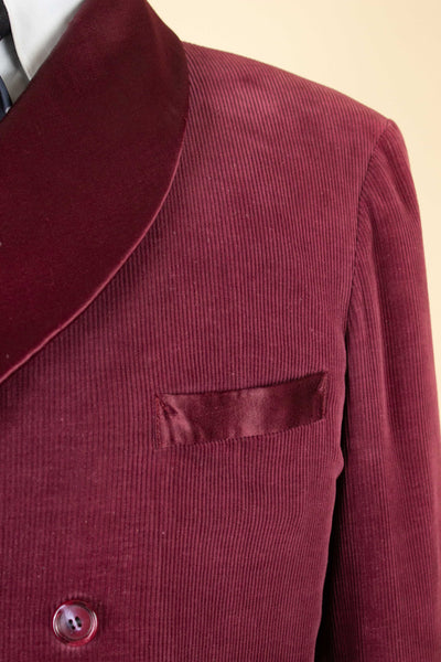 SWEDISH 1940S DARK RED CORDUROY AND SILK SHAWL COLLAR SMOKING JACKET. SIZE CA EU 50