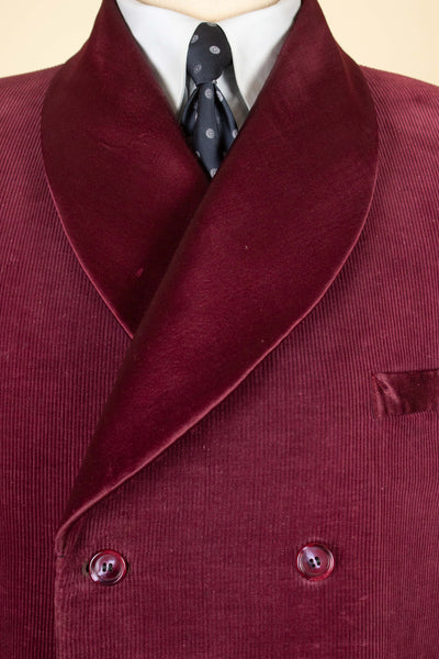 SWEDISH 1940S DARK RED CORDUROY AND SILK SHAWL COLLAR SMOKING JACKET. SIZE CA EU 50