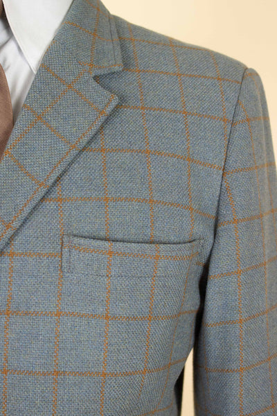 BRITISH 1960S BLUE-GREY WINDOWPANE SINGLE BREASTED JACKET BY JOHN BARRAN. SIZE CA EU 46