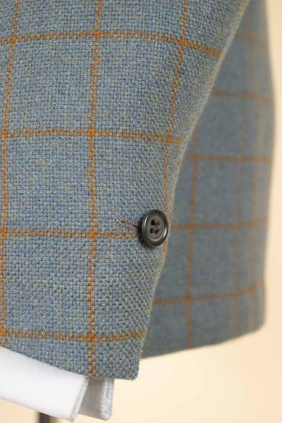 BRITISH 1960S BLUE-GREY WINDOWPANE SINGLE BREASTED JACKET BY JOHN BARRAN. SIZE CA EU 46