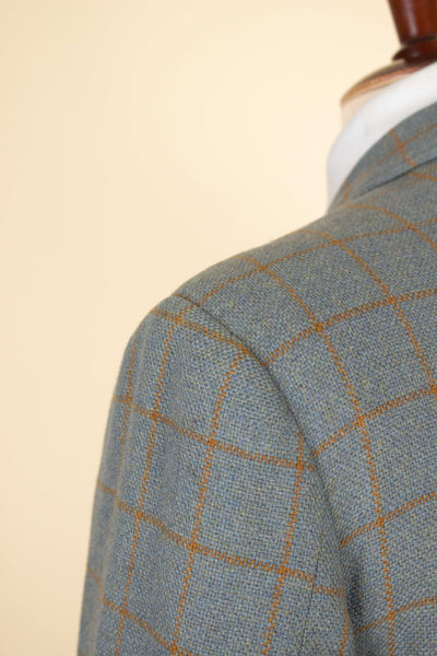 BRITISH 1960S BLUE-GREY WINDOWPANE SINGLE BREASTED JACKET BY JOHN BARRAN. SIZE CA EU 46