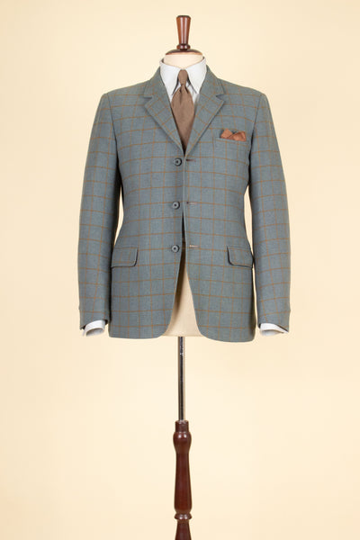 BRITISH 1960S BLUE-GREY WINDOWPANE SINGLE BREASTED JACKET BY JOHN BARRAN. SIZE CA EU 46