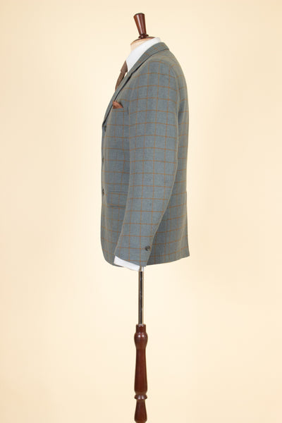 BRITISH 1960S BLUE-GREY WINDOWPANE SINGLE BREASTED JACKET BY JOHN BARRAN. SIZE CA EU 46