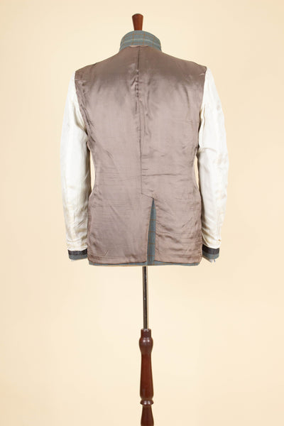 BRITISH 1960S BLUE-GREY WINDOWPANE SINGLE BREASTED JACKET BY JOHN BARRAN. SIZE CA EU 46