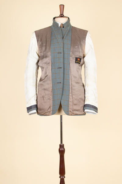 BRITISH 1960S BLUE-GREY WINDOWPANE SINGLE BREASTED JACKET BY JOHN BARRAN. SIZE CA EU 46