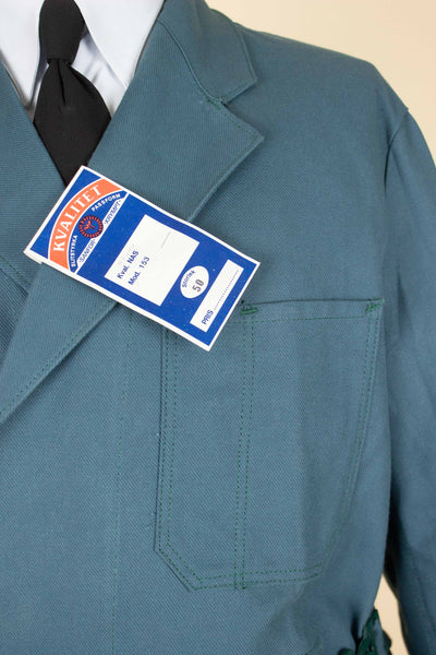 SWEDISH 1960S GREEN-BLUE DEADSTOCK WORK COAT BY KVALITET. SIZE CA EU 50