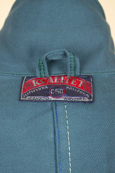 SWEDISH 1960S GREEN-BLUE DEADSTOCK WORK COAT BY KVALITET. SIZE CA EU 50