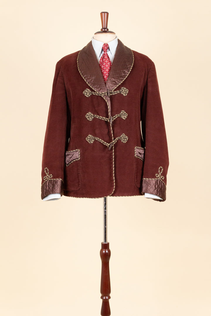 SWEDISH 1930S RED VELVET SMOKING JACKET WITH QUILTED SHAWL COLLAR