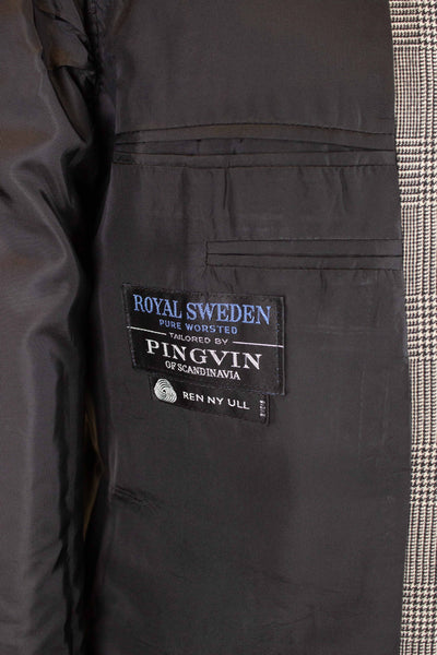 SWEDISH 1960S GREY TWO PIECE PRINCE OF WALES DEADSTOCK SUIT BY PINGVIN. SIZE CA EU 48