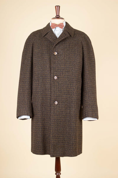 SWEDISH 1950S/1960S BROWN TWEED RAGLAN CHECKERED OVERCOAT BY TIGER. SIZE CA EU 48