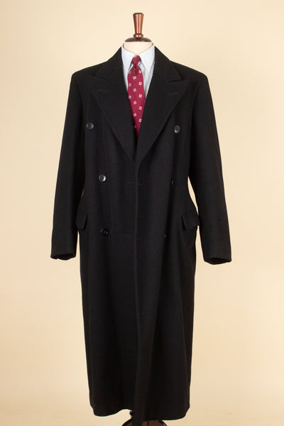 SWEDISH 1930S BLACK DOUBLE BREASTED HEAVYWEIGHT OVERCOAT BY TIGER. SIZE CA EU 46-48