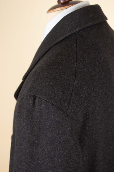 SWEDISH 1910S/1920S DARK GREY SINGLE BREASTED BESPOKE OVERCOAT. SIZE CA EU 46-48