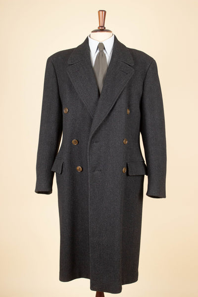 SWEDISH 1940S GREY HERRINGBONE DOUBLE BREASTED HEAVYWEIGHT COAT BY JUNEX. SIZE CA EU 48-50