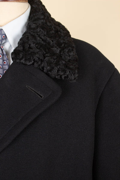 SWEDISH 1940S BLACK PERSIAN COLLAR DOUBLE BREASTED COAT. SIZE CA EU 52