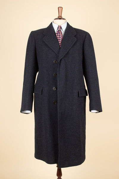 SWEDISH 1930S DARK BLUE-GREY SINGLE BREASTED OVERCOAT BY RANG. SIZE CA EU 48-50