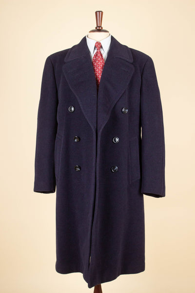 SWEDISH 1940S DARK BLUE DOUBLE BREASTED OVERCOAT BY JUNEX. SIZE CA EU 48