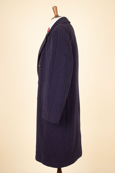 SWEDISH 1940S DARK BLUE DOUBLE BREASTED OVERCOAT BY JUNEX. SIZE CA EU 48