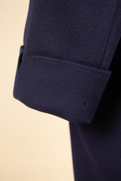 SWEDISH 1960S DARK BLUE SINGLE BREASTED RAGLAN OVERCOAT BY TIGER. SIZE CA EU 48-50