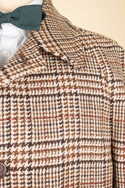 BRITISH 1970S BROWN CHECKERED 100% LAMBSWOOL RAGLAN OVERCOAT BY RODEX. SIZE CA EU 50