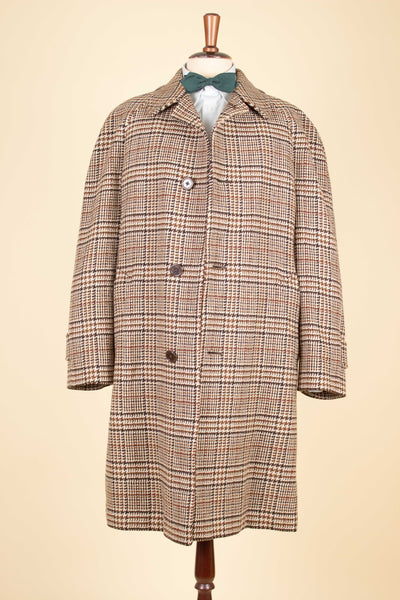 BRITISH 1970S BROWN CHECKERED 100% LAMBSWOOL RAGLAN OVERCOAT BY RODEX. SIZE CA EU 50