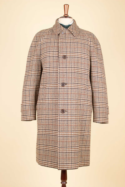 BRITISH 1970S BROWN CHECKERED 100% LAMBSWOOL RAGLAN OVERCOAT BY RODEX. SIZE CA EU 50