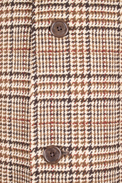 BRITISH 1970S BROWN CHECKERED 100% LAMBSWOOL RAGLAN OVERCOAT BY RODEX. SIZE CA EU 50