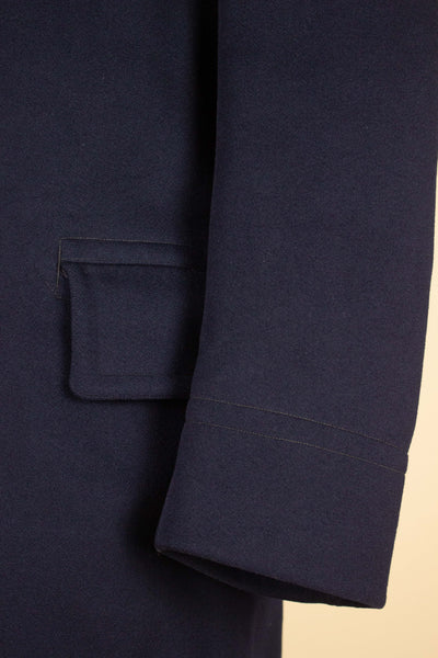SWEDISH 1910S DARK BLUE DOUBLE BREASTED CHESTERFIELD COAT WITH VELVET COLLAR. SIZE CA EU 46-48 LONG