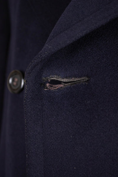 SWEDISH 1910S DARK BLUE DOUBLE BREASTED CHESTERFIELD COAT WITH VELVET COLLAR. SIZE CA EU 46-48 LONG