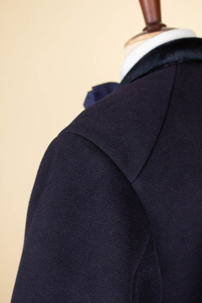 SWEDISH 1910S DARK BLUE DOUBLE BREASTED CHESTERFIELD COAT WITH VELVET COLLAR. SIZE CA EU 46-48 LONG
