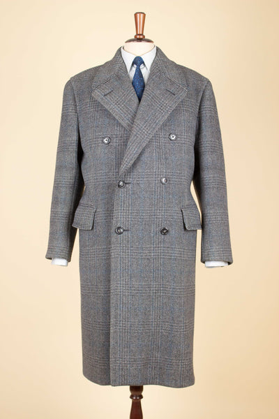 SWEDISH 1940S/1950S GREY PRINCE OF WALES DOUBLE BREASTED OVERCOAT BY DRESS. SIZE CA EU 48