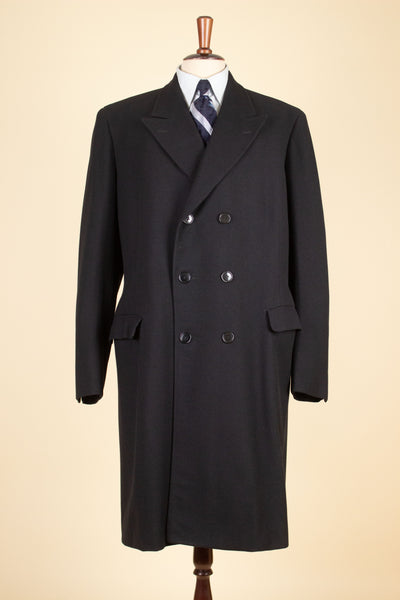 SWEDISH 1950S/1960S BLACK DOUBLE BREASTED OVERCOAT. SIZE CA EU 52