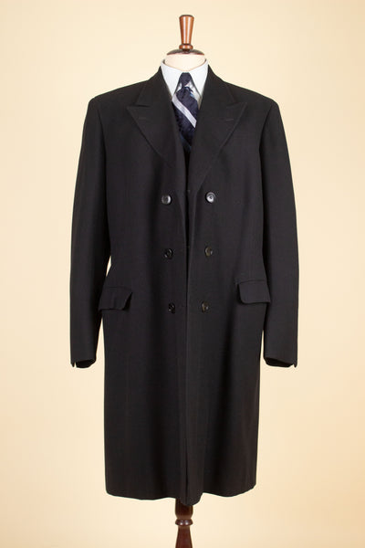 SWEDISH 1950S/1960S BLACK DOUBLE BREASTED OVERCOAT. SIZE CA EU 52