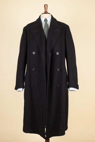 SWEDISH 1929 BLACK DOUBLE BREASTED BESPOKE OVERCOAT BY CARL EKBOM. SIZE CA EU 50