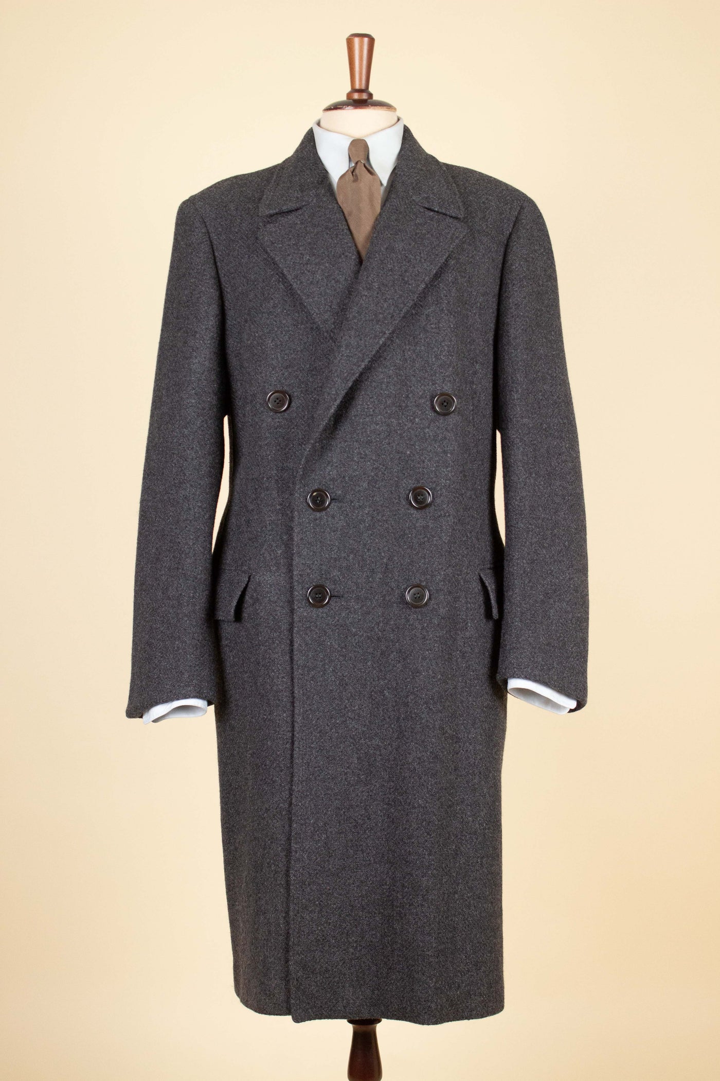 SWEDISH 1940S/1950S GREY HERRINGBONE DOUBLE BREASTED OVERCOAT BY RAPPSON. SIZE CA EU 50-52