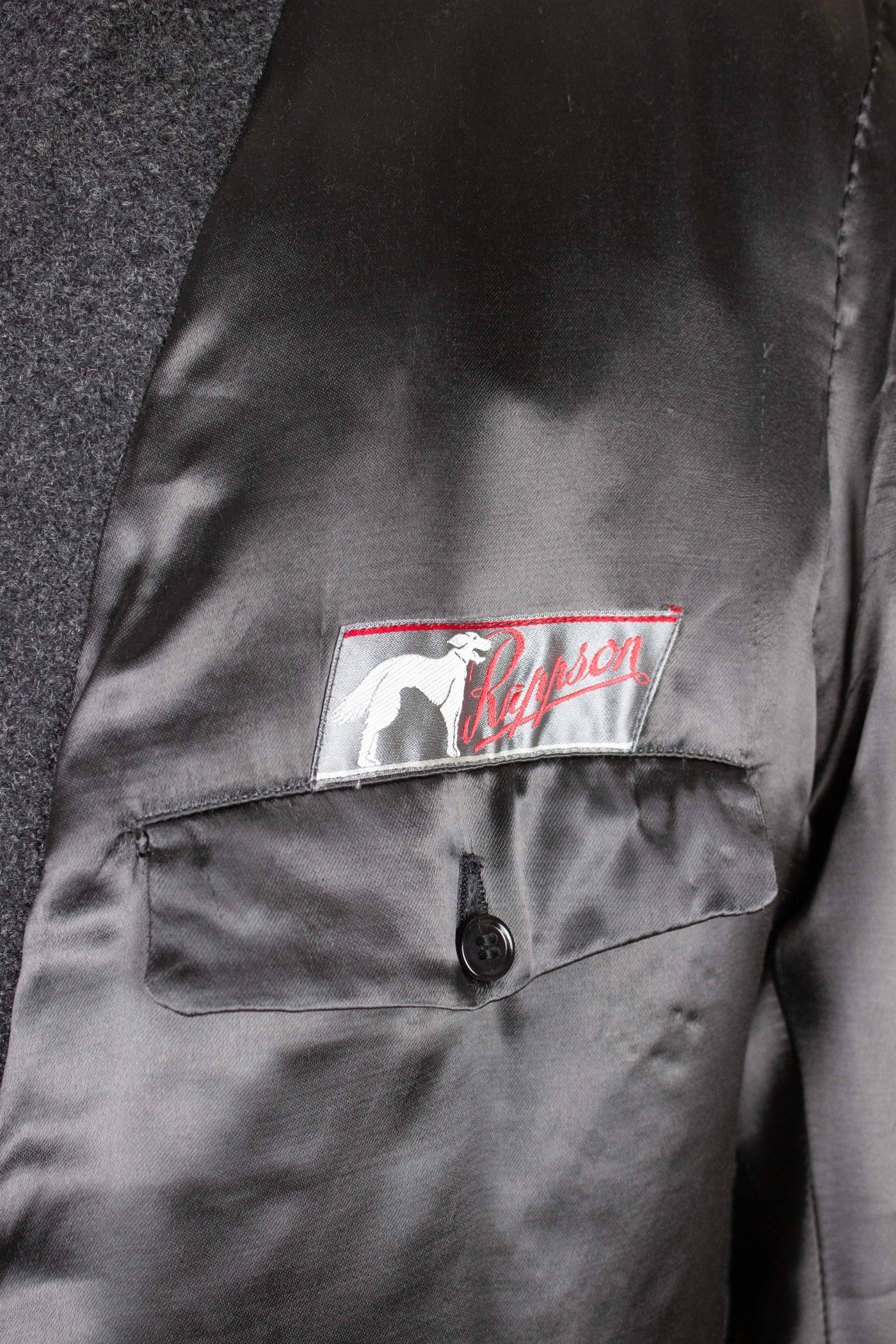 SWEDISH 1940S/1950S GREY HERRINGBONE DOUBLE BREASTED OVERCOAT BY RAPPSON. SIZE CA EU 50-52