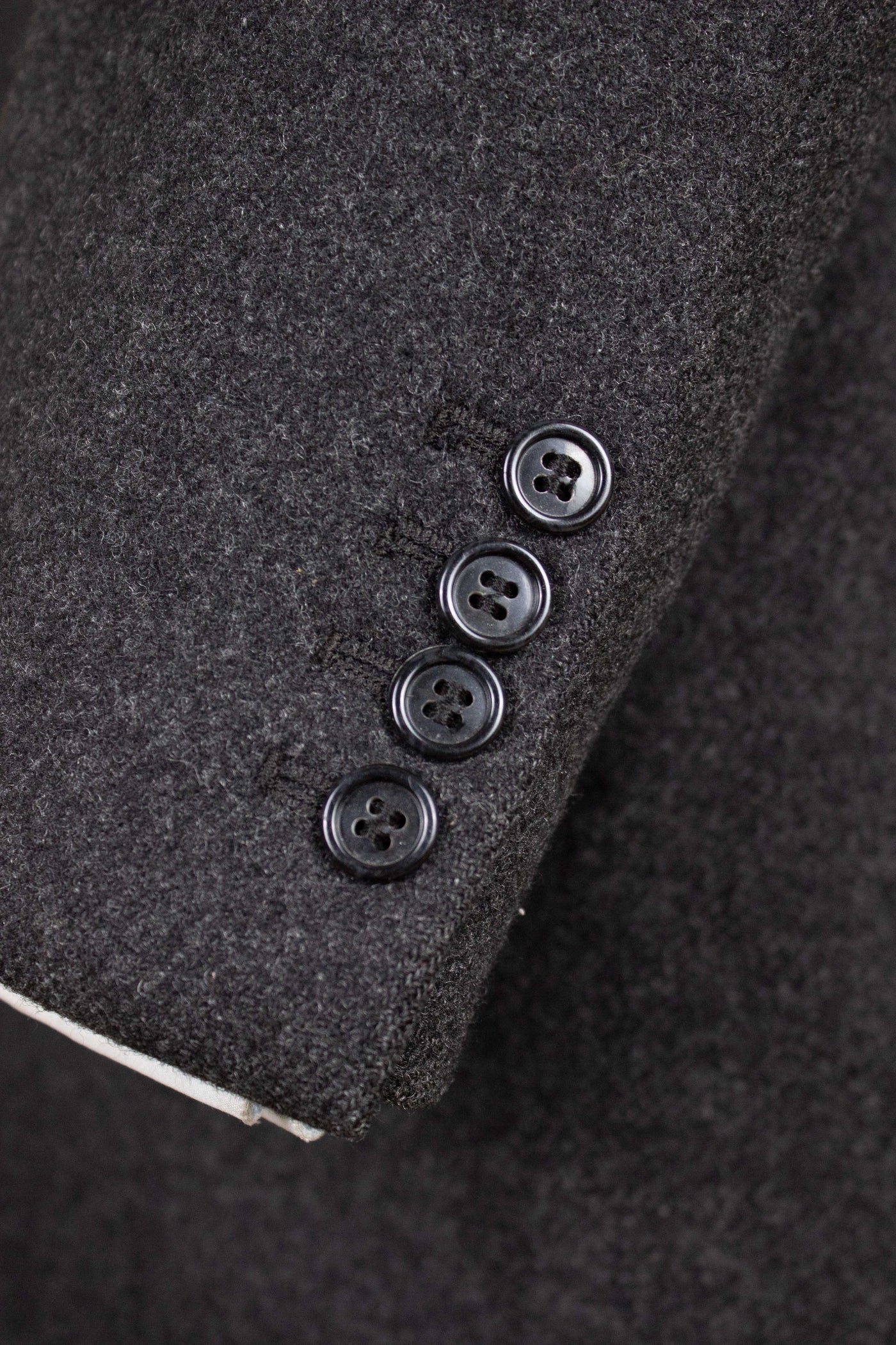 SWEDISH 1950S DOUBLE BREASTED DARK GREY TWILL OVERCOAT BY JUNEX. SIZE CA EU 48