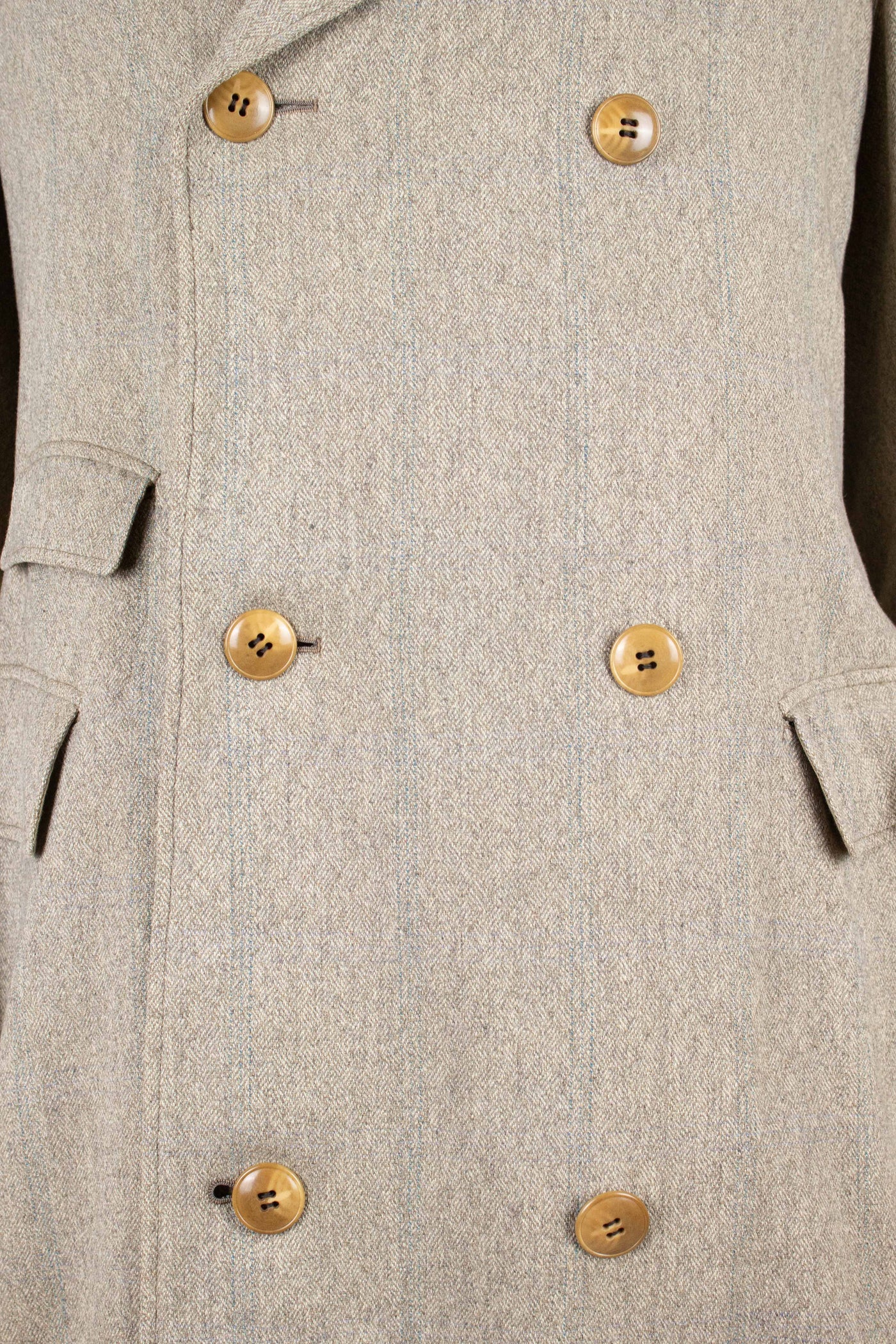 SWEDISH 1920S GREY/GREEN STRIPED DOUBLE BREASTED OVERCOAT. SIZE CA EU 46