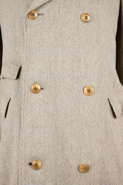 SWEDISH 1920S GREY/GREEN STRIPED DOUBLE BREASTED OVERCOAT. SIZE CA EU 46