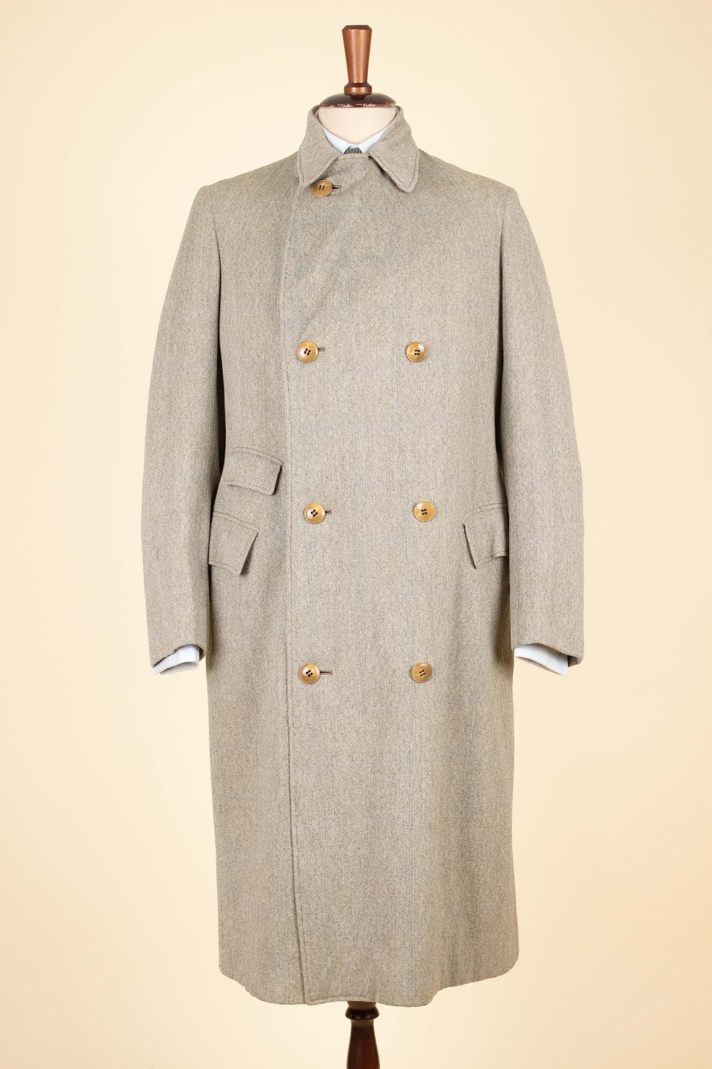 SWEDISH 1920S GREY/GREEN STRIPED DOUBLE BREASTED OVERCOAT. SIZE CA EU 46