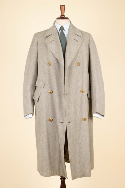 SWEDISH 1920S GREY/GREEN STRIPED DOUBLE BREASTED OVERCOAT. SIZE CA EU 46