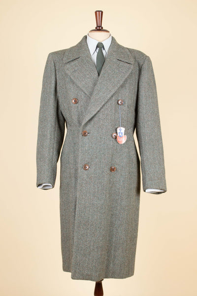 SWEDISH 1930S/1940S GREEN HERRINGBONE DEADSTOCK TWEED COAT BY HELLTEX. SIZE CA EU 46