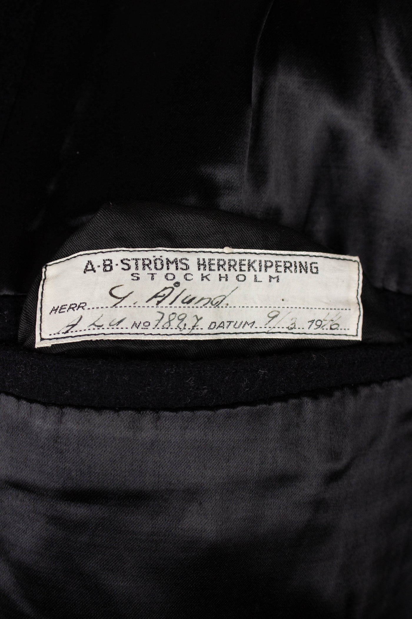 SWEDISH 1948 BLACK SINGLE BREASTED BESPOKE OVERCOAT BY STRÖMS. SIZE CA EU 48-50