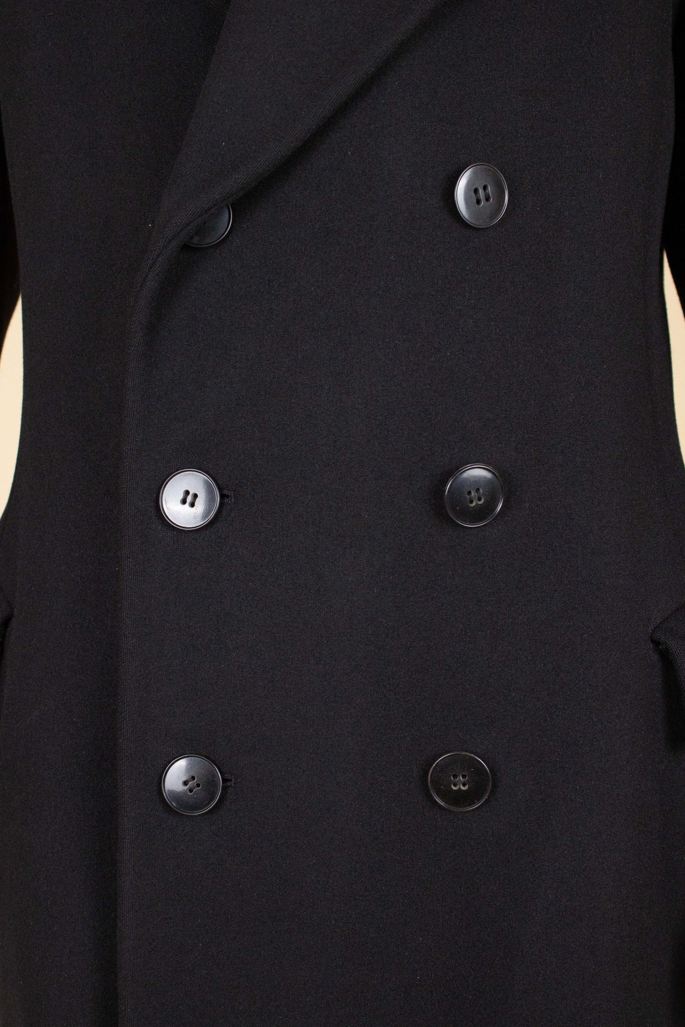 SWEDISH 1930S BLACK DOUBLE BREASTED OVERCOAT BY JUNEX. SIZE CA EU 46 LONG