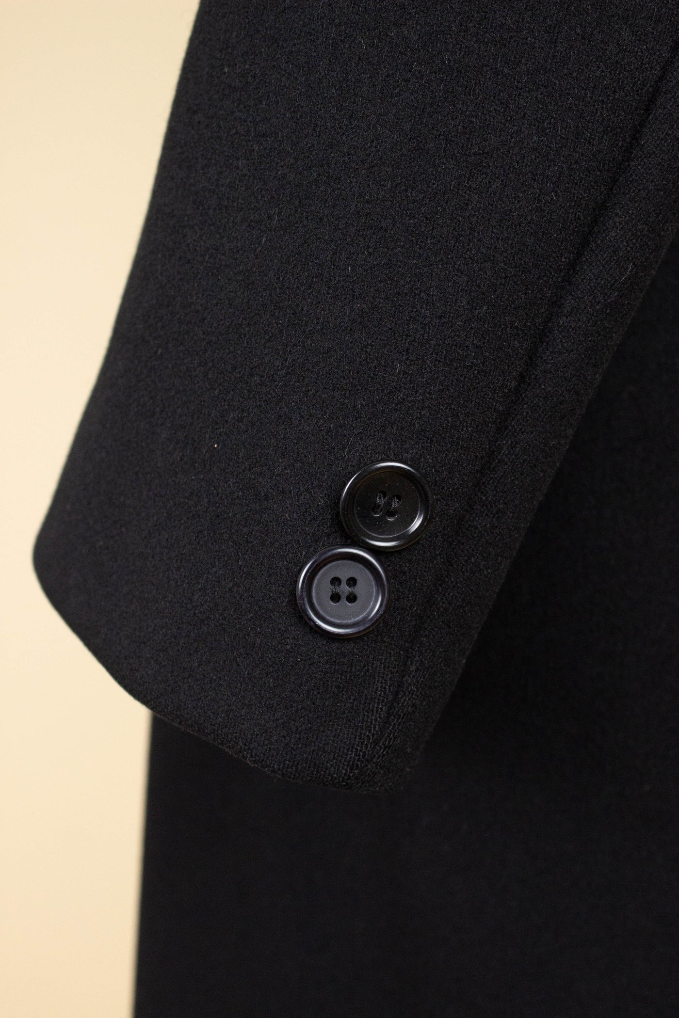 SWEDISH 1930S BLACK DOUBLE BREASTED OVERCOAT BY JUNEX. SIZE CA EU 46 LONG